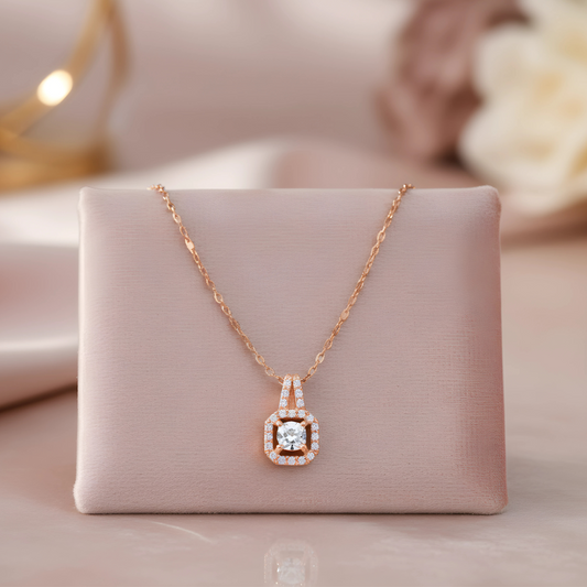 Rose Gold Solitaire Halo Pendant Necklace for Women