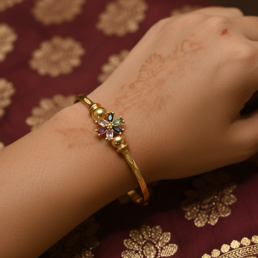 Gold Floral Bangle Bracelet for Women – Multicolor Stone Design