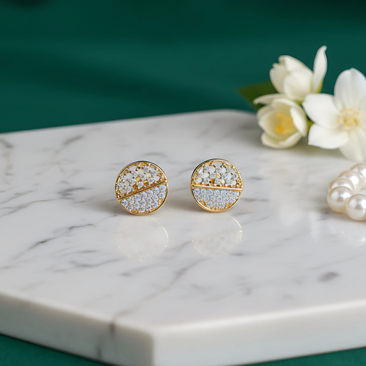Gold-Plated Round Stud Earrings with Dual Crystal Detailing