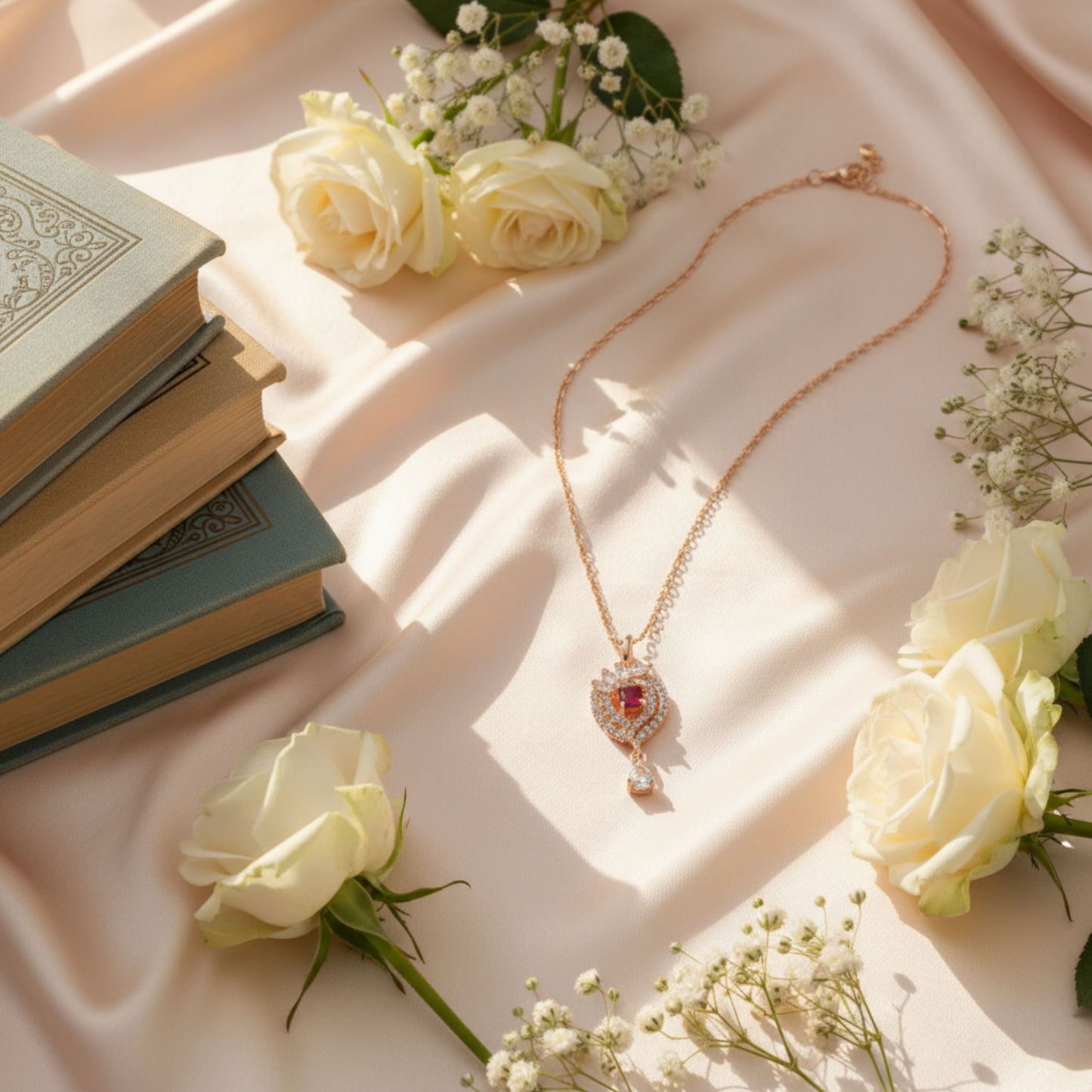 Rose Gold Pendant Chain with Ruby Red Stone & Cubic Zirconia Accents