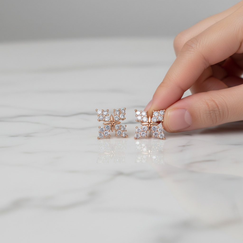 Square Floral Cluster Stud Earrings – Small Gold Earrings Designs for Daily Use