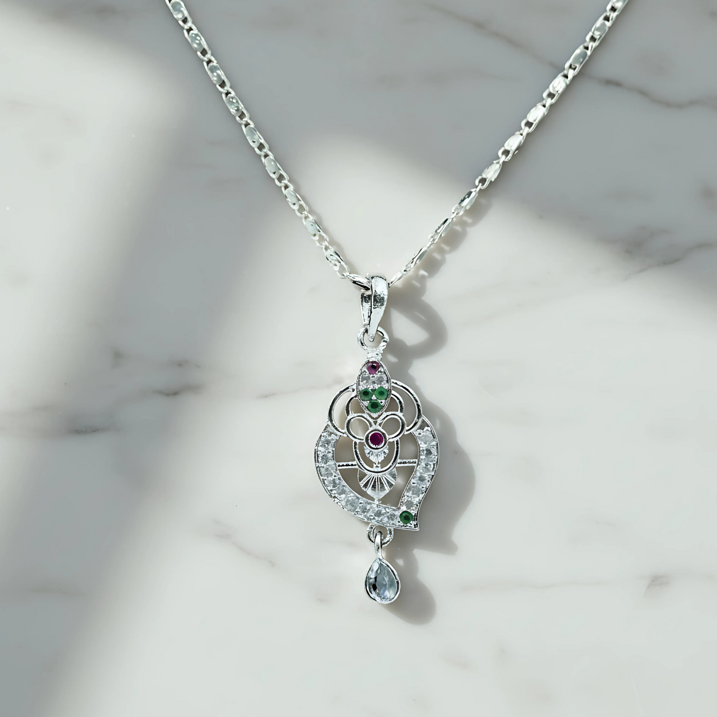 Silver-Plated Heart Floral Pendant Necklace with Gemstone & CZ Accents