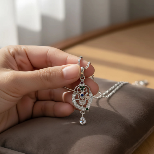 Silver-Plated Heart Floral Pendant Necklace with Gemstone & CZ Accents