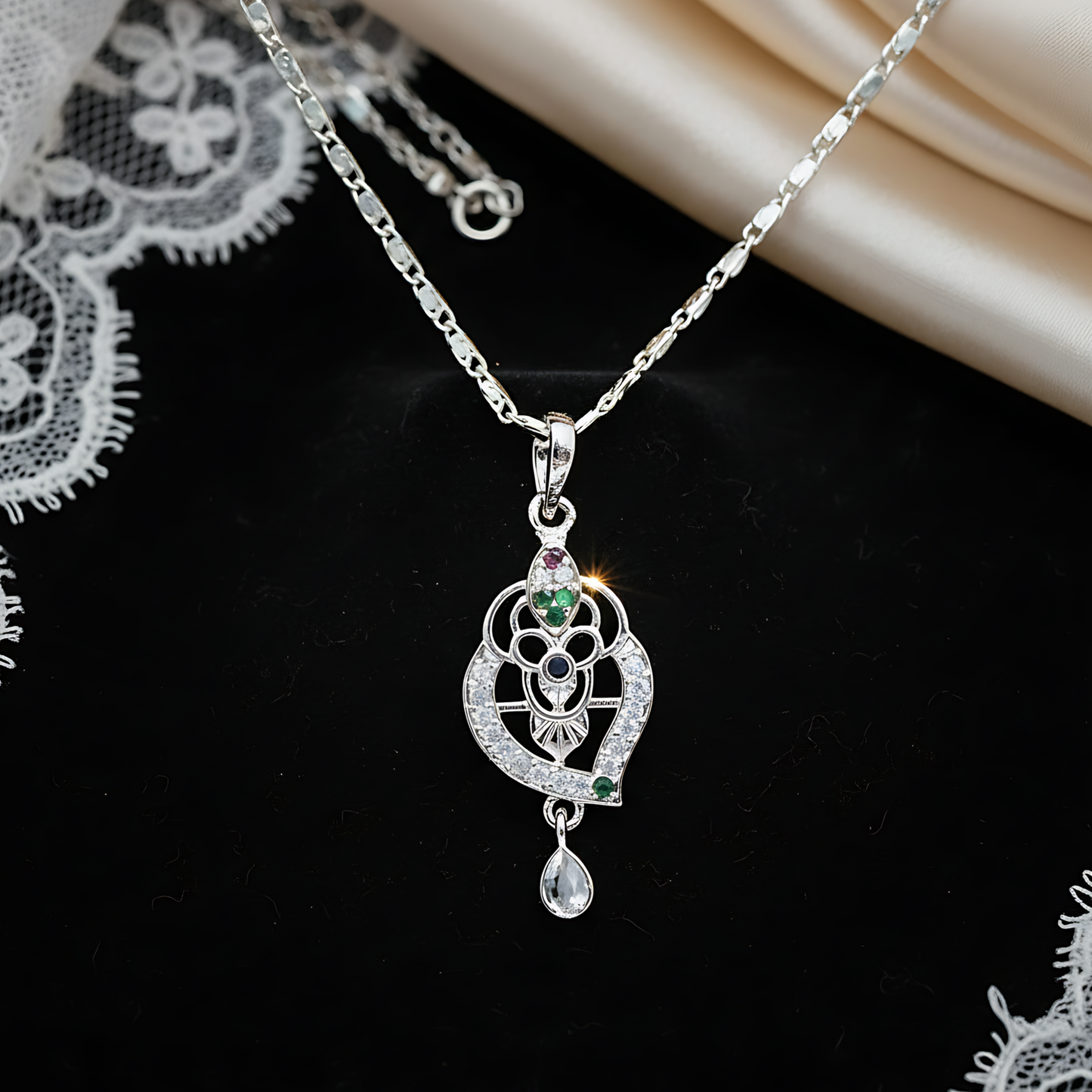 Silver-Plated Heart Floral Pendant Necklace with Gemstone & CZ Accents