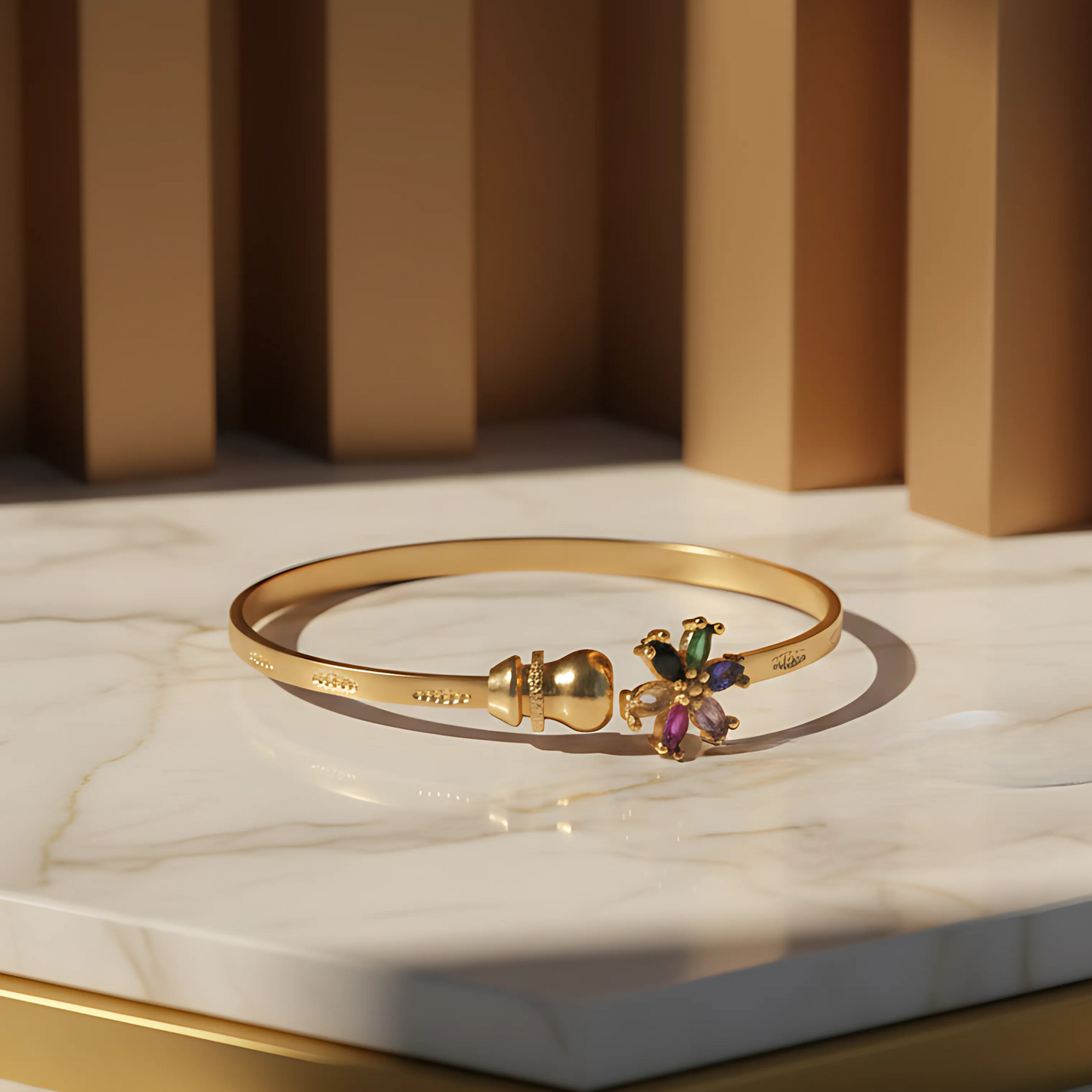 Gold Floral Bangle Bracelet for Women – Multicolor Stone Design