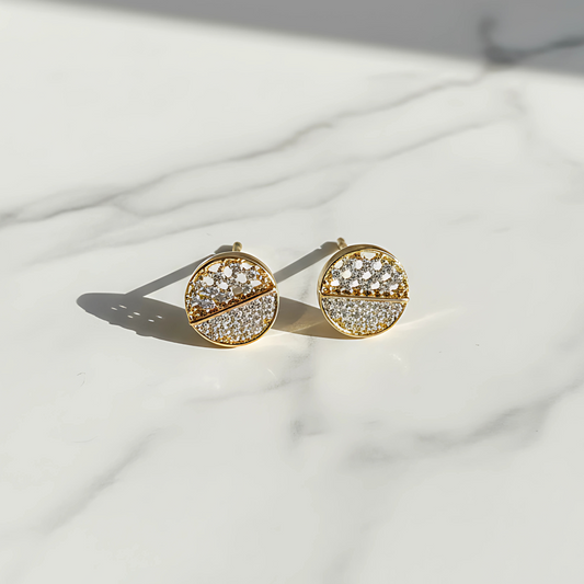 Gold-Plated Round Stud Earrings with Dual Crystal Detailing
