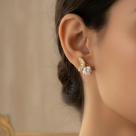Gold-Plated Leaf Design Stud Earrings with CZ Stones