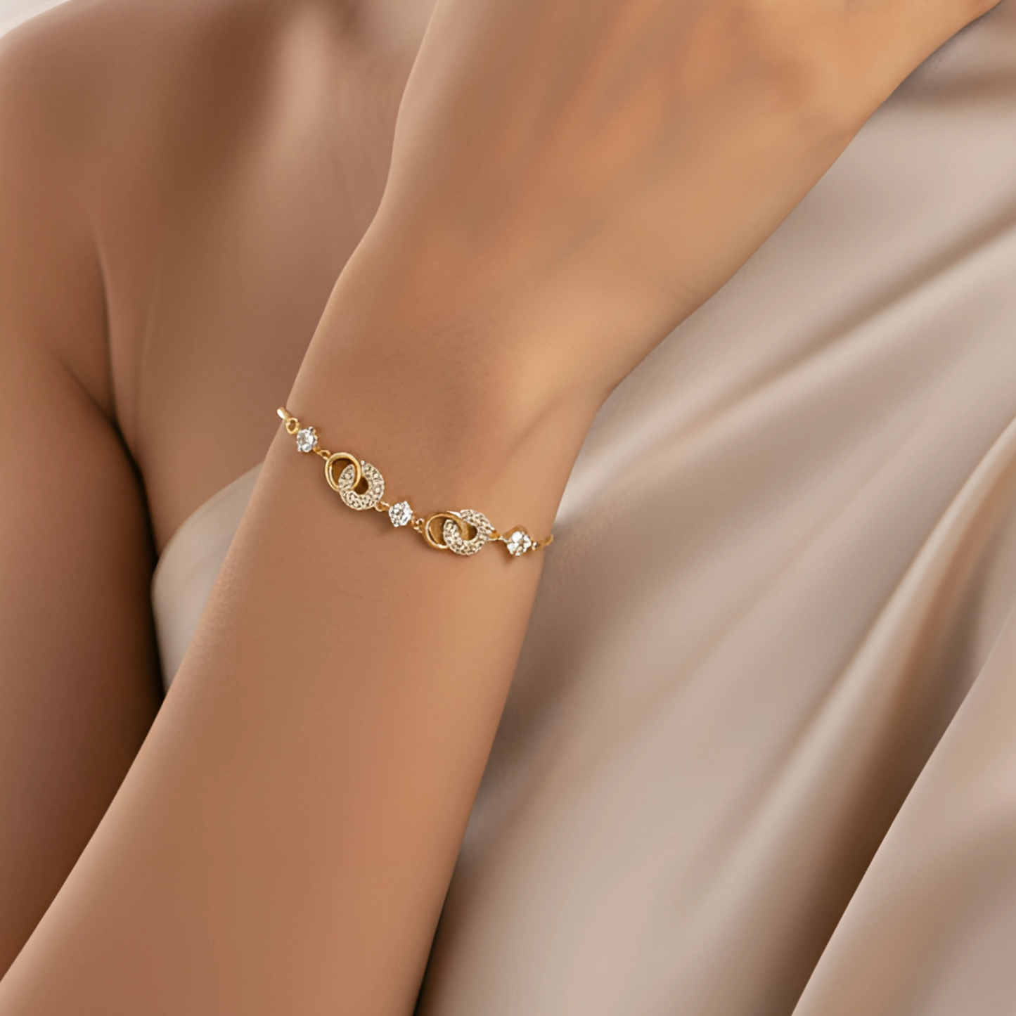 Gold-Plated Adjustable Bracelet with CZ Interlocking Circles