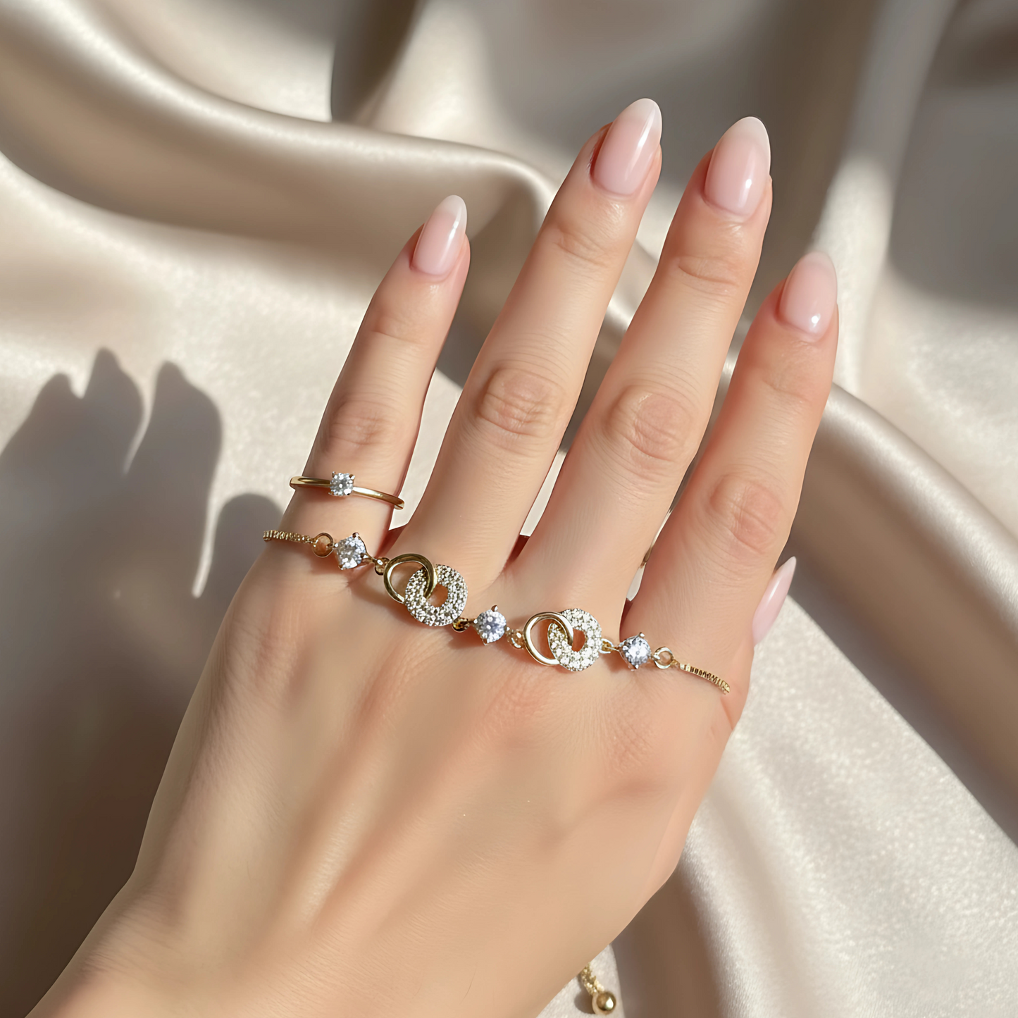 Gold-Plated Adjustable Bracelet with CZ Interlocking Circles