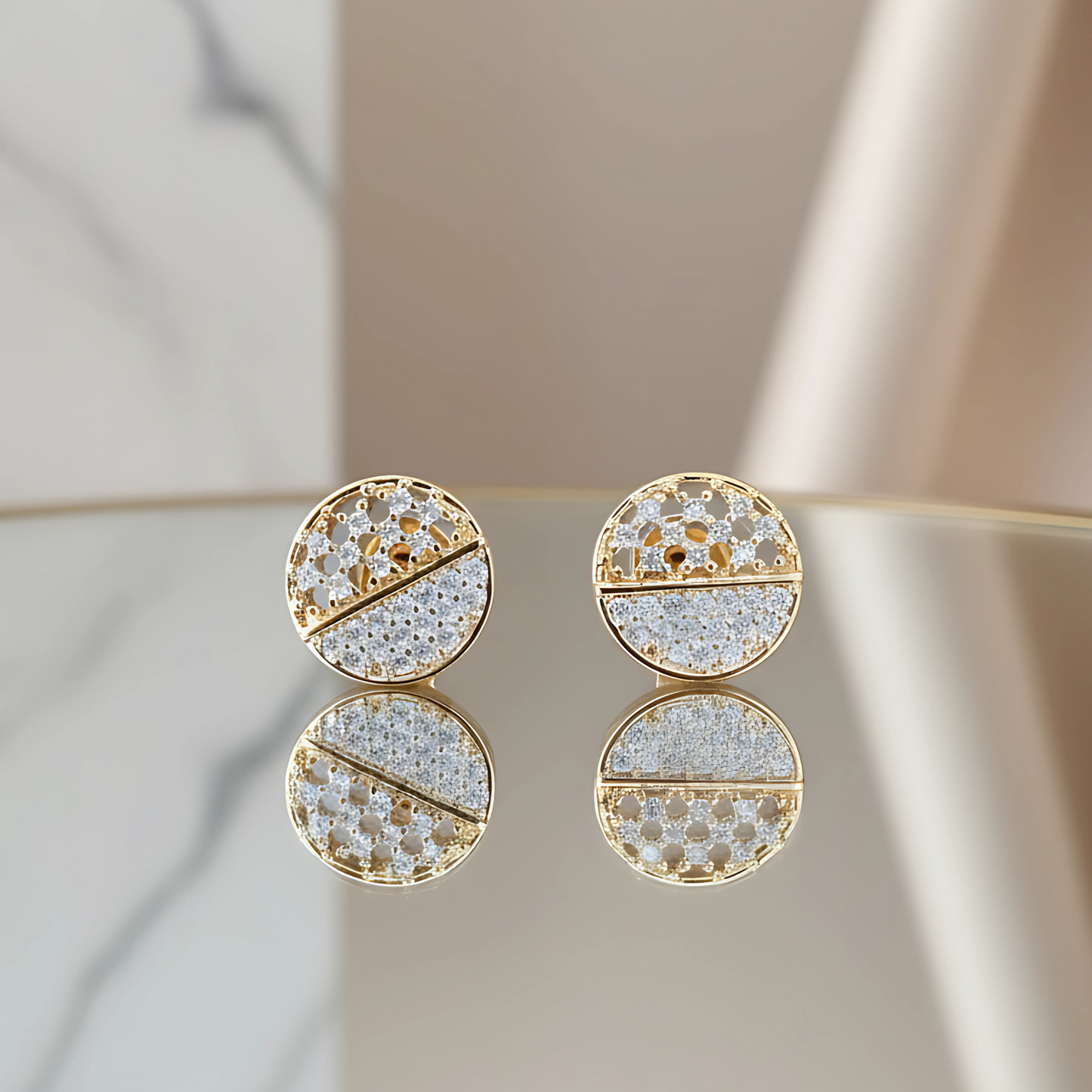 Gold-Plated Round Stud Earrings with Dual Crystal Detailing