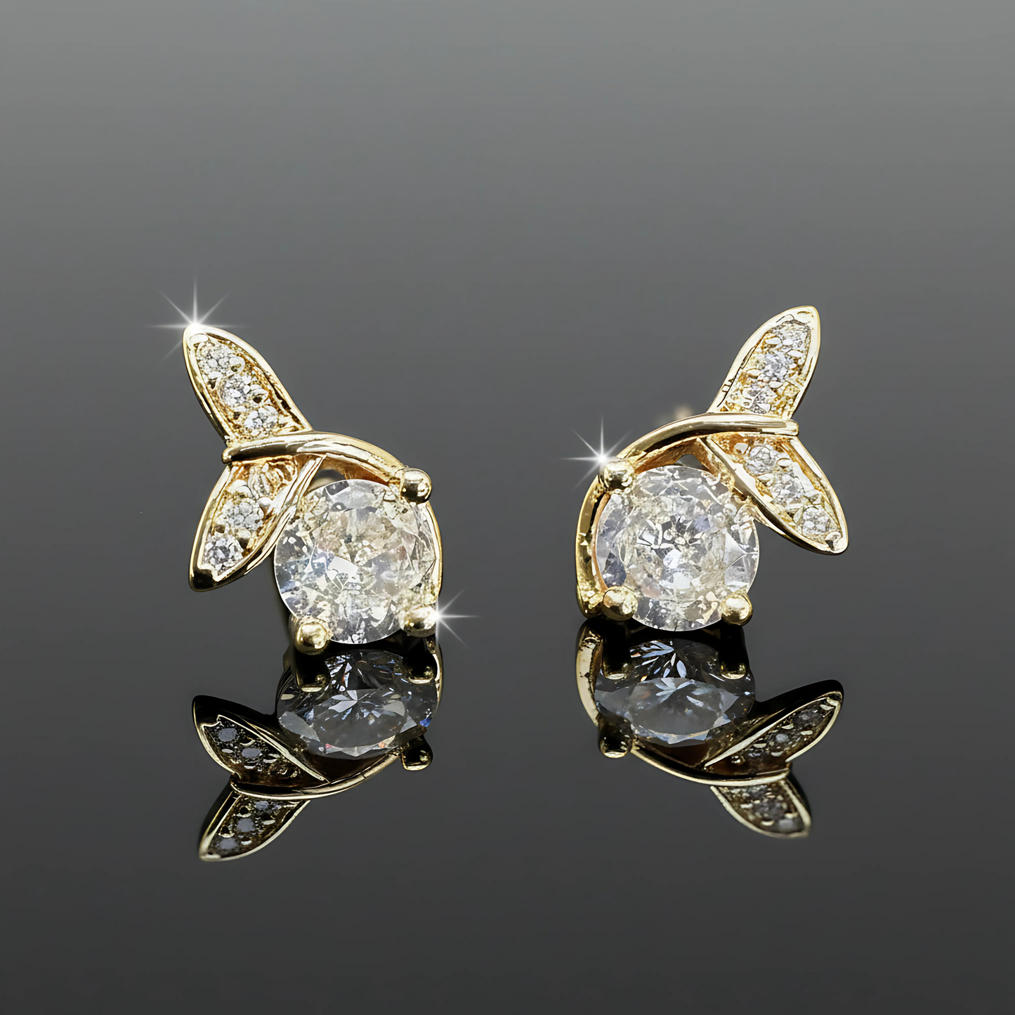 Gold-Plated Leaf Design Stud Earrings with CZ Stones