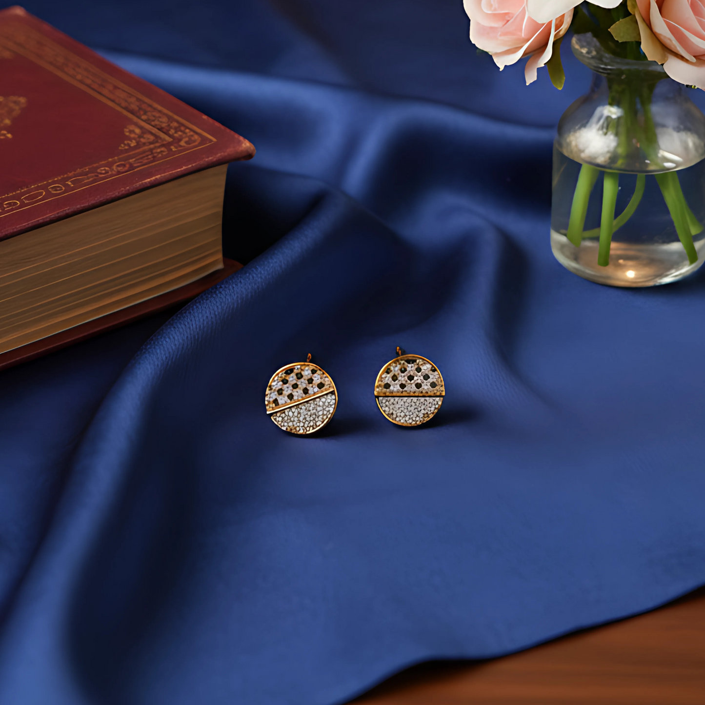 Gold-Plated Round Stud Earrings with Dual Crystal Detailing
