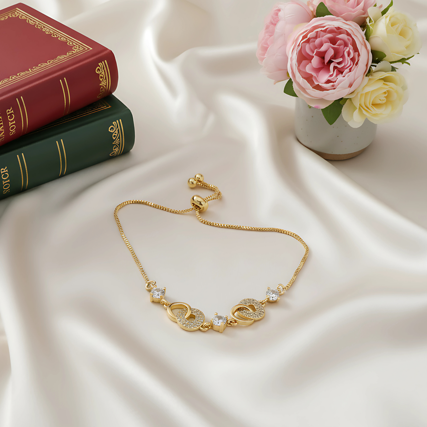 Gold-Plated Adjustable Bracelet with CZ Interlocking Circles