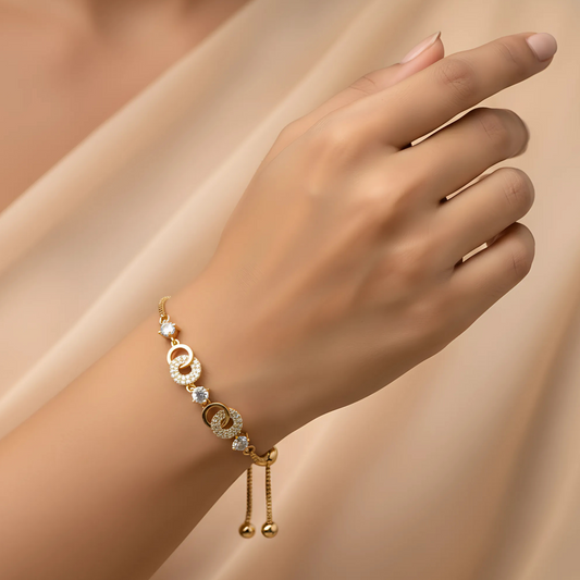 Gold-Plated Adjustable Bracelet with CZ Interlocking Circles