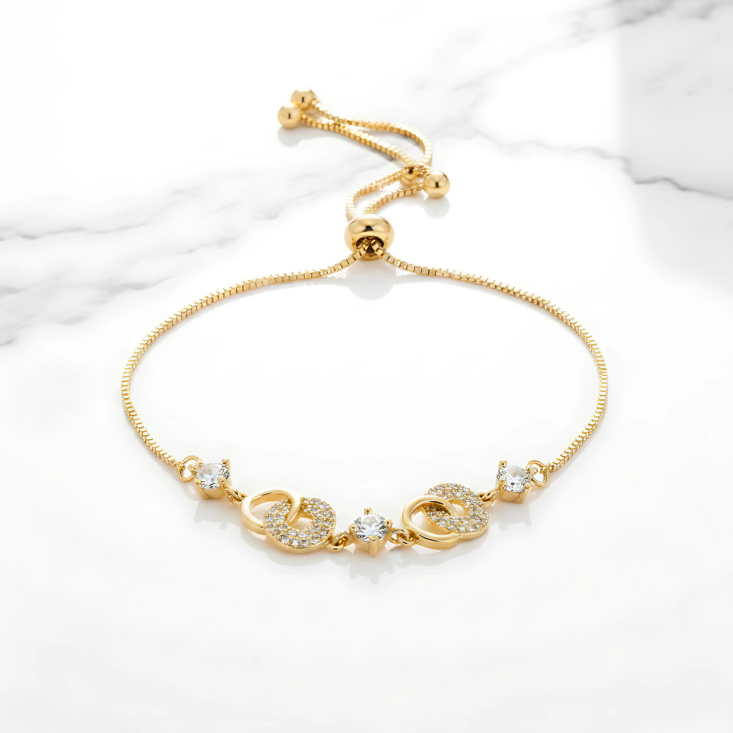 Gold-Plated Adjustable Bracelet with CZ Interlocking Circles