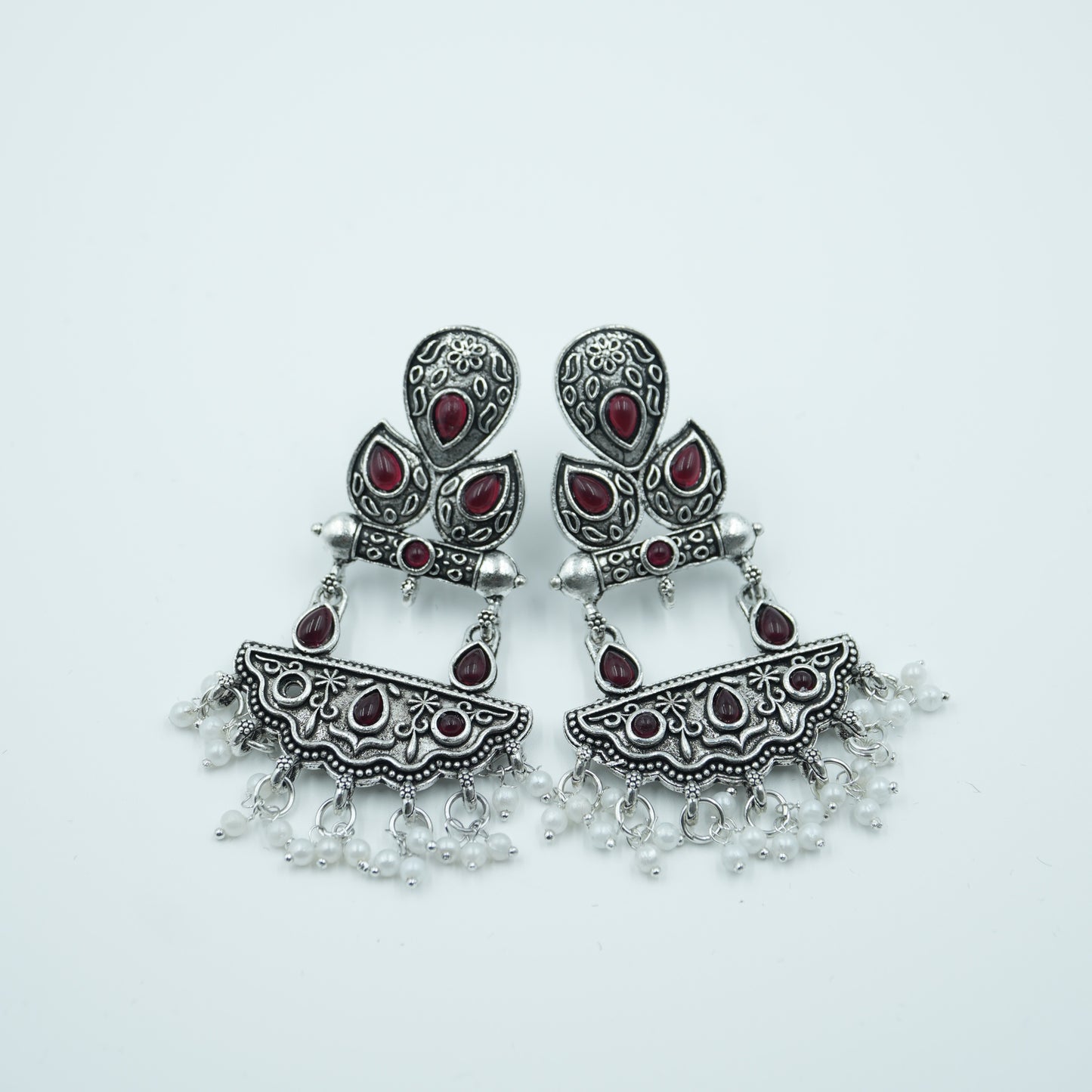 Traditional Silver Oxidised Jewellery Earrings with Red Stones & Pearl Danglers