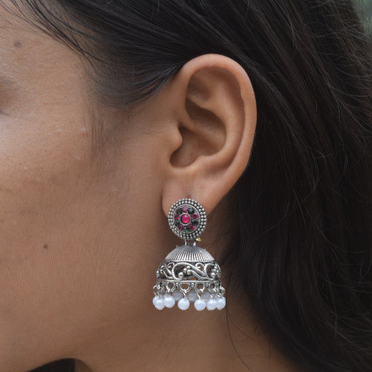 Traditional Silver Oxidised Jhumka Earrings with Red Stone & Pearl Beads