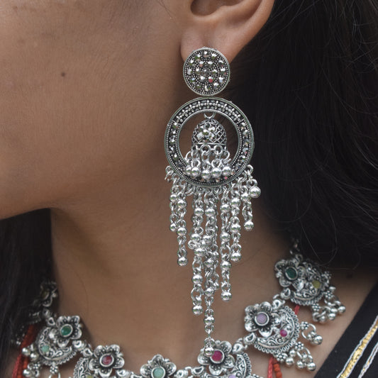 Round Silver Oxidised Statement Earrings with Dome Jhumka & Beaded Danglers