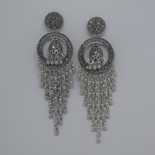 Round Silver Oxidised Statement Earrings with Dome Jhumka & Beaded Danglers