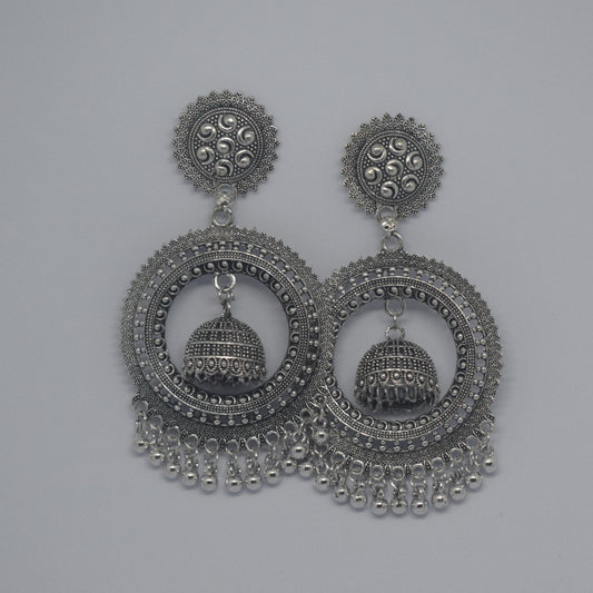 Big Round Silver Oxidised Earrings with Dome Jhumka & Beaded Danglers