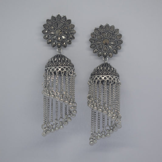 Floral Stud Silver Oxidised Long Jhumka Earrings with Chain Danglers