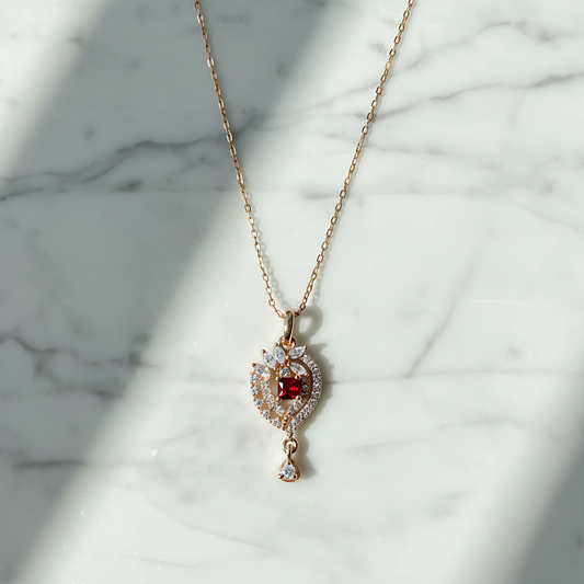 Rose Gold Pendant Chain with Ruby Red Stone & Cubic Zirconia Accents