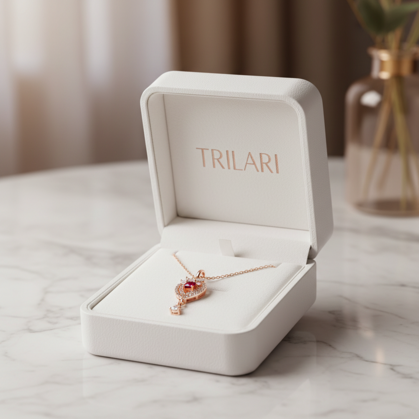 Rose Gold Pendant Chain with Ruby Red Stone & Cubic Zirconia Accents