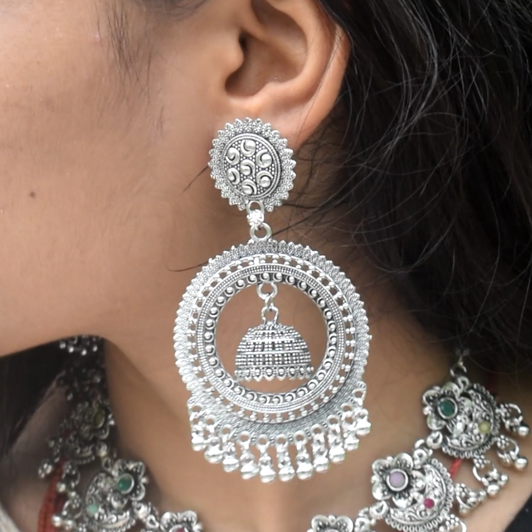 Big Round Silver Oxidised Earrings with Dome Jhumka & Beaded Danglers