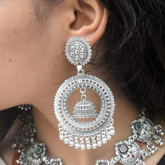 Big Round Silver Oxidised Earrings with Dome Jhumka & Beaded Danglers