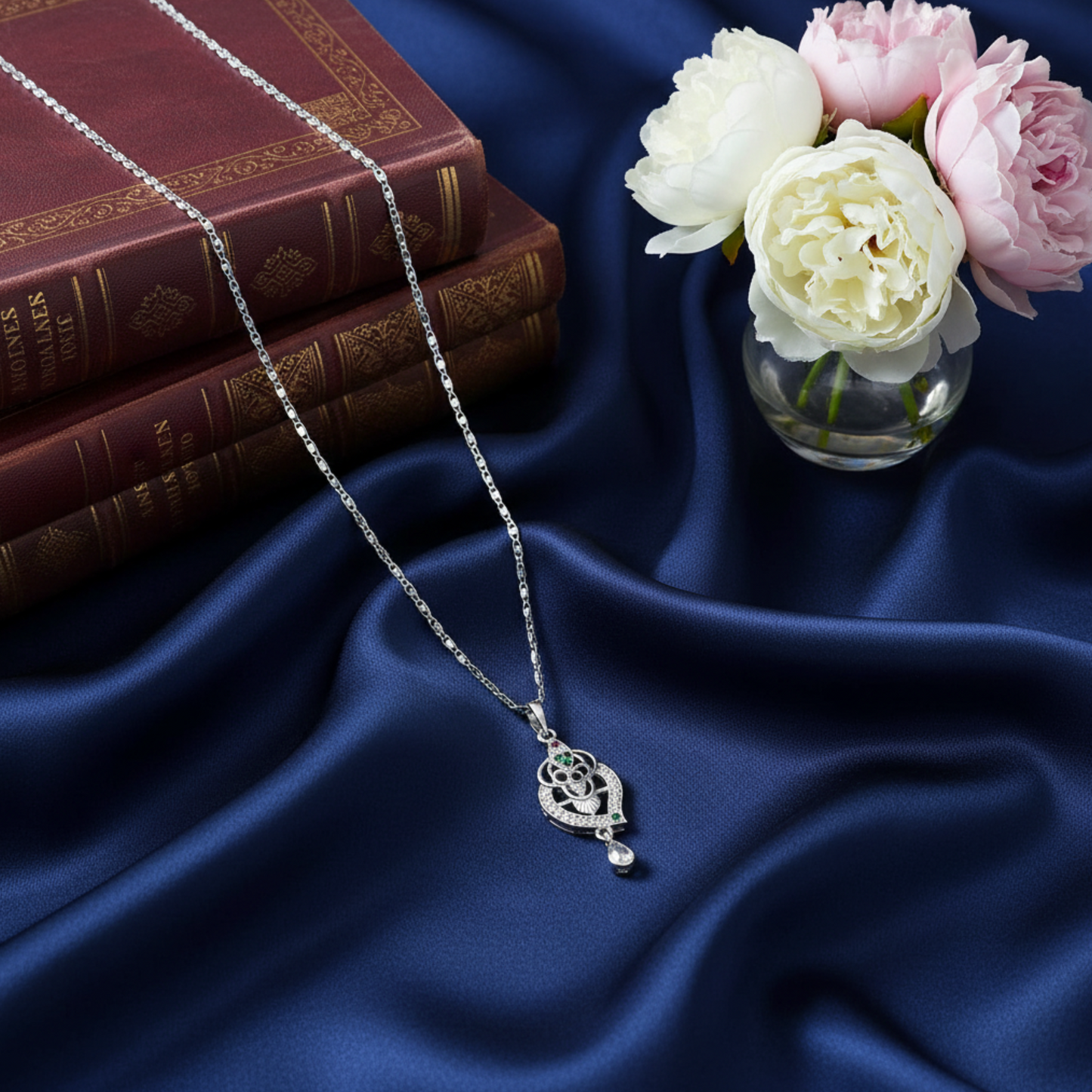 Silver-Plated Heart Floral Pendant Necklace with Gemstone & CZ Accents